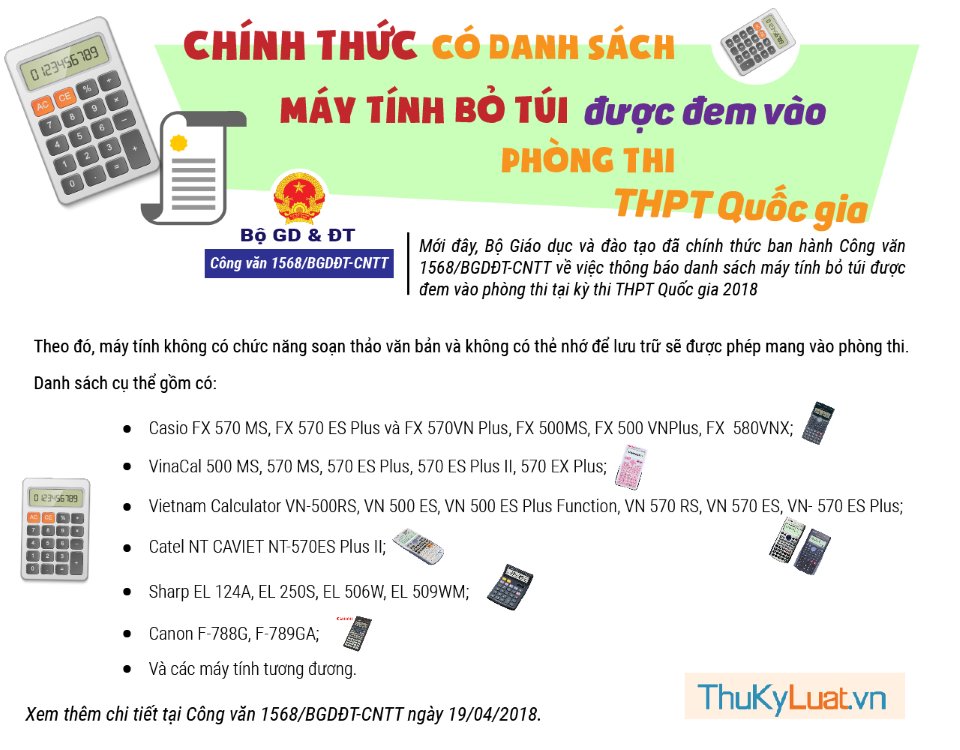 Danh sách máy tính bỏ túi được đem vào phòng thi THPT Quốc gia 2018