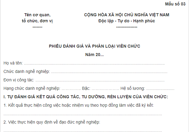 Mẫu Phiếu đánh giá, phân loại cán bộ, công chức, viên chức cuối ...