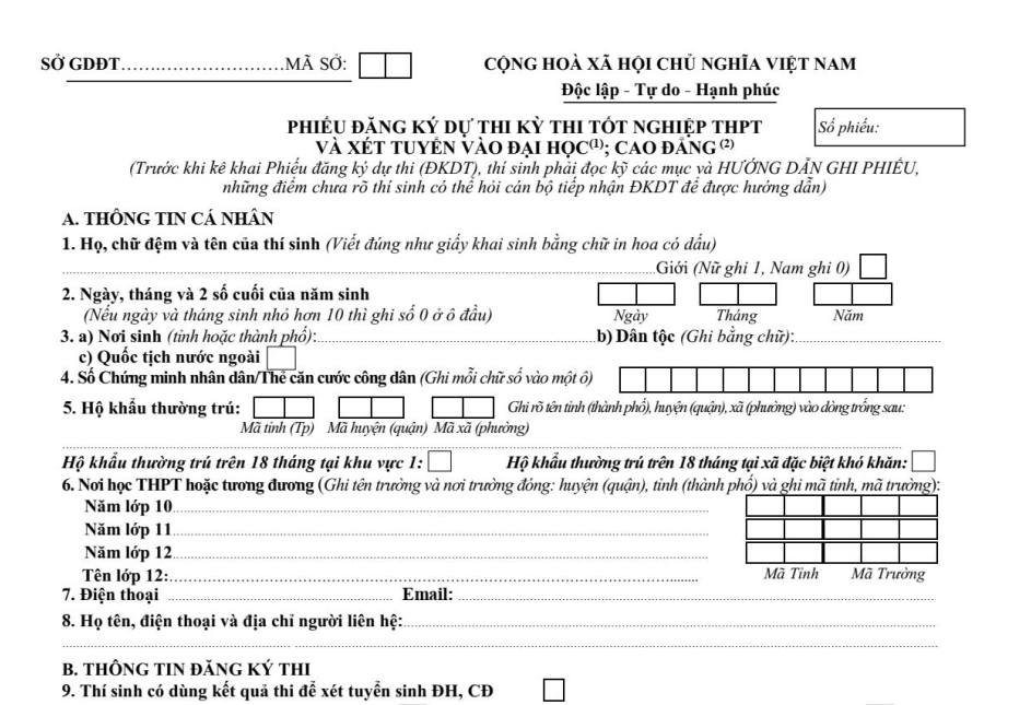 phiếu đăng ký dự thi tốt nghiệp THPT và xét tuyển vào ĐH, CĐ năm 2020