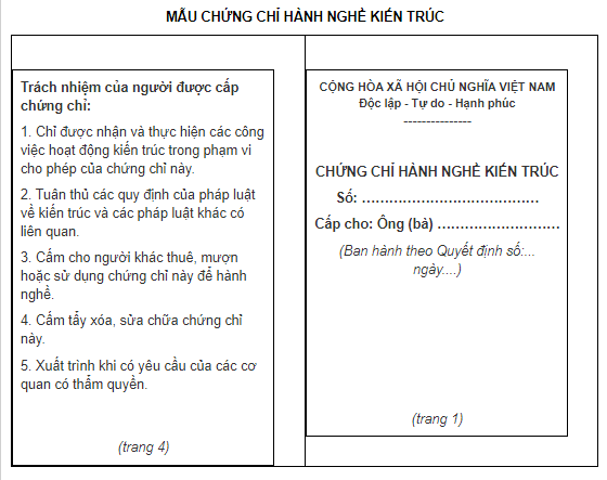 Mẫu chứng chỉ hành nghề kiến trúc