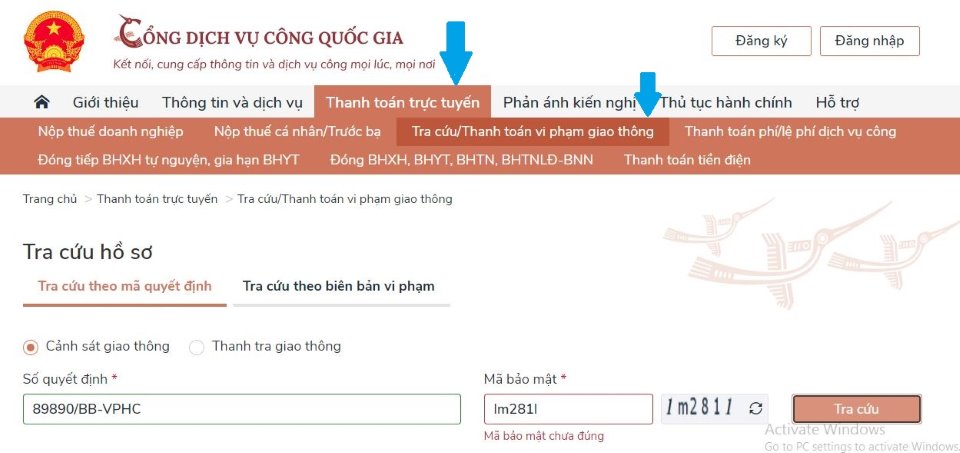 nộp tiền phạt vi phạm giao thông