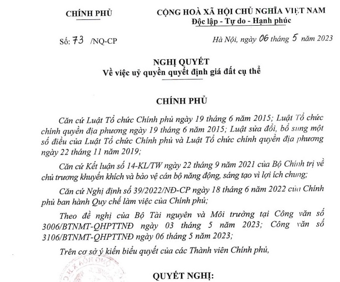 Đã có Nghị quyết 73/NQ-CP về ủy quyền quyết định giá đất cụ thể 