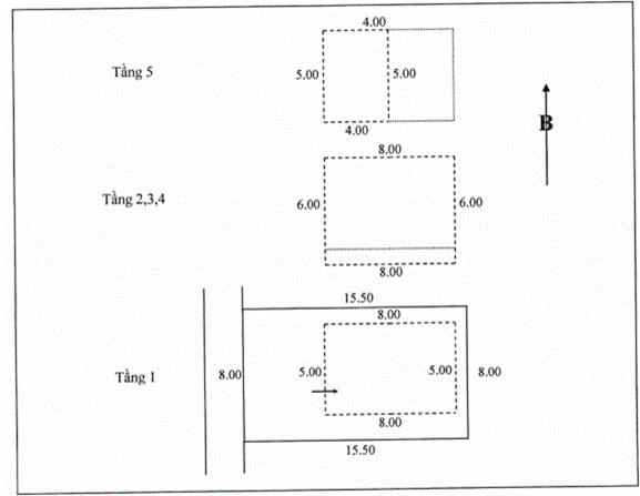 Diagram  of  a  5-story  house  with  different  areas  for  the  1st  floor  and  other  floors;  top  5th  floor  different  from  lower  floors